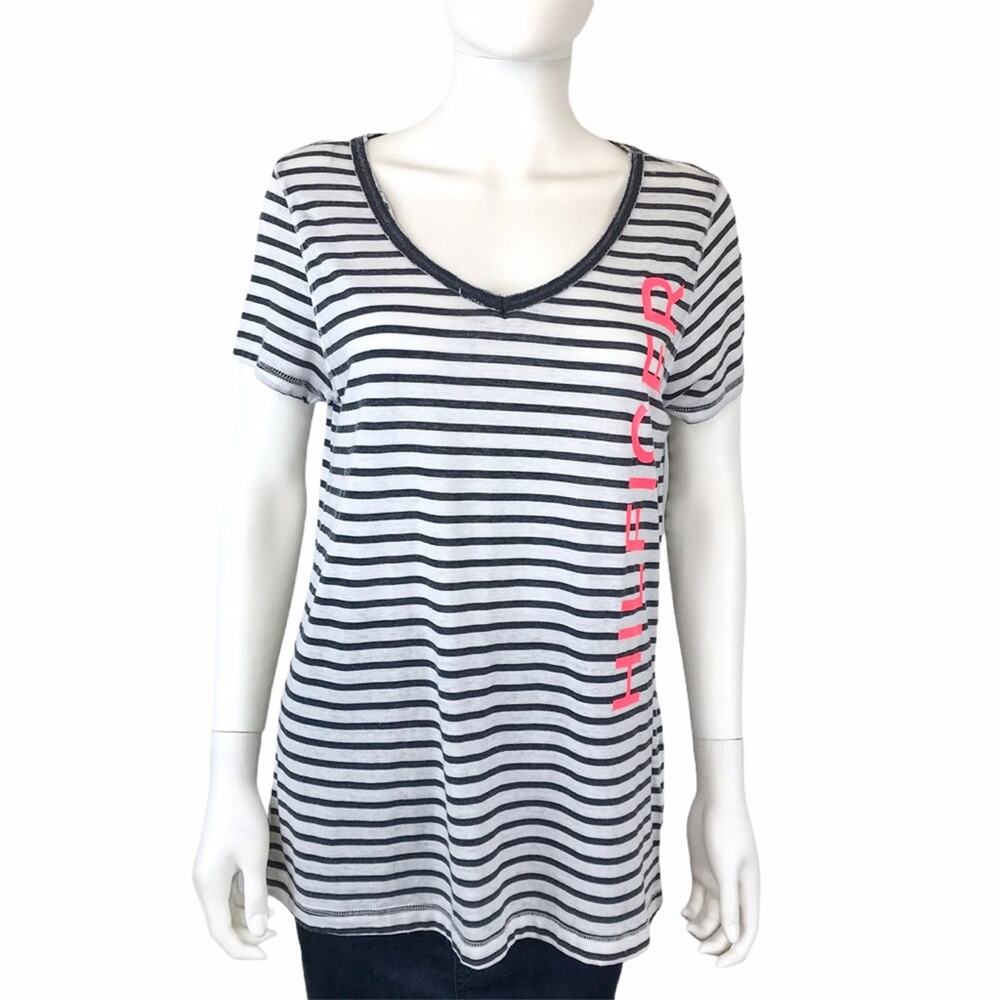 Tommy Hilfiger NWT Logo Tee Shirt Distressed Black & White Striped